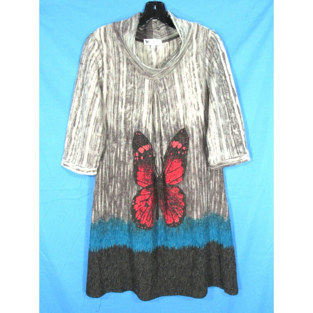 PAPILLON LOS ANGELES Gray/Multi BUTTERFLY PRINT Cowl Neck A-LINE Sweater Dress M